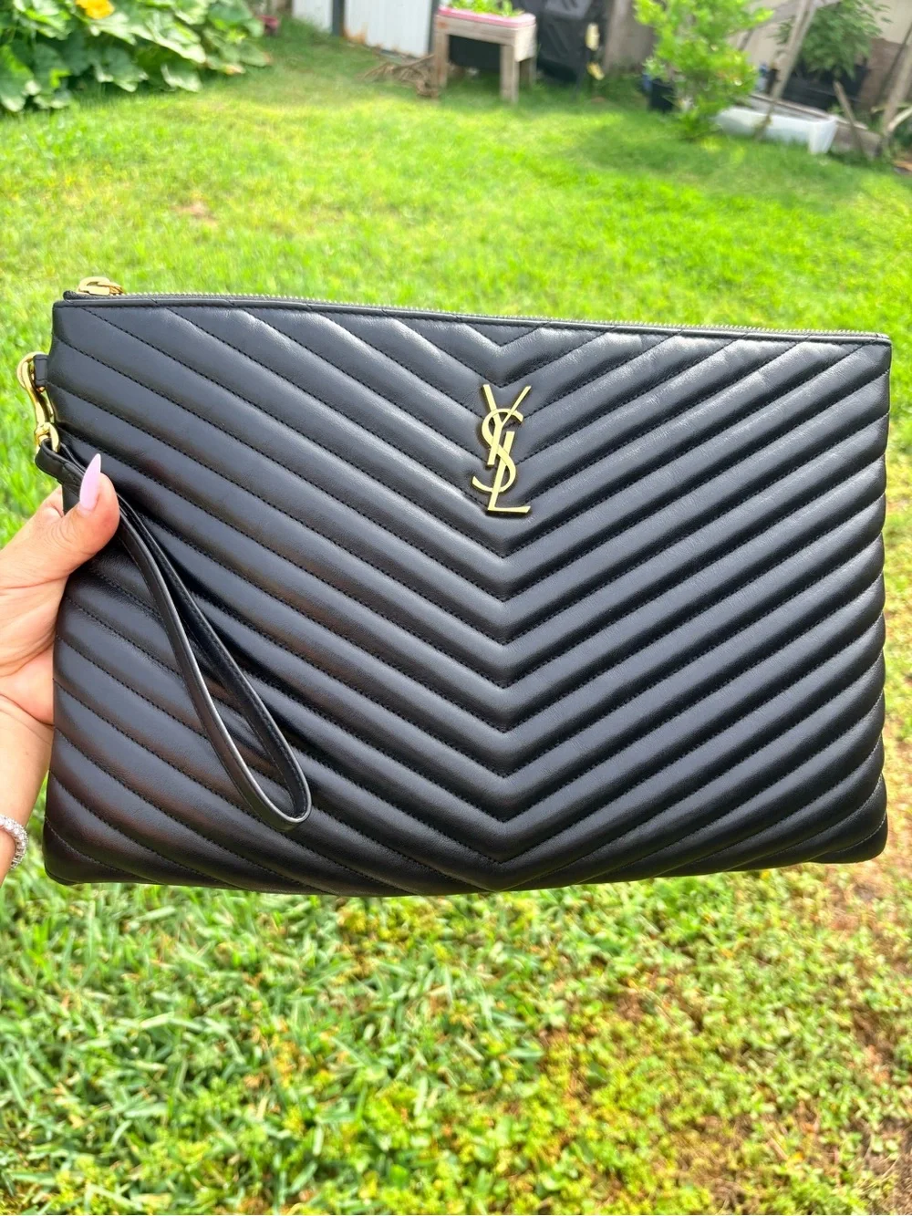 Saint Laurent Black Quilted Chevron Leather Clutch with Gold YSL